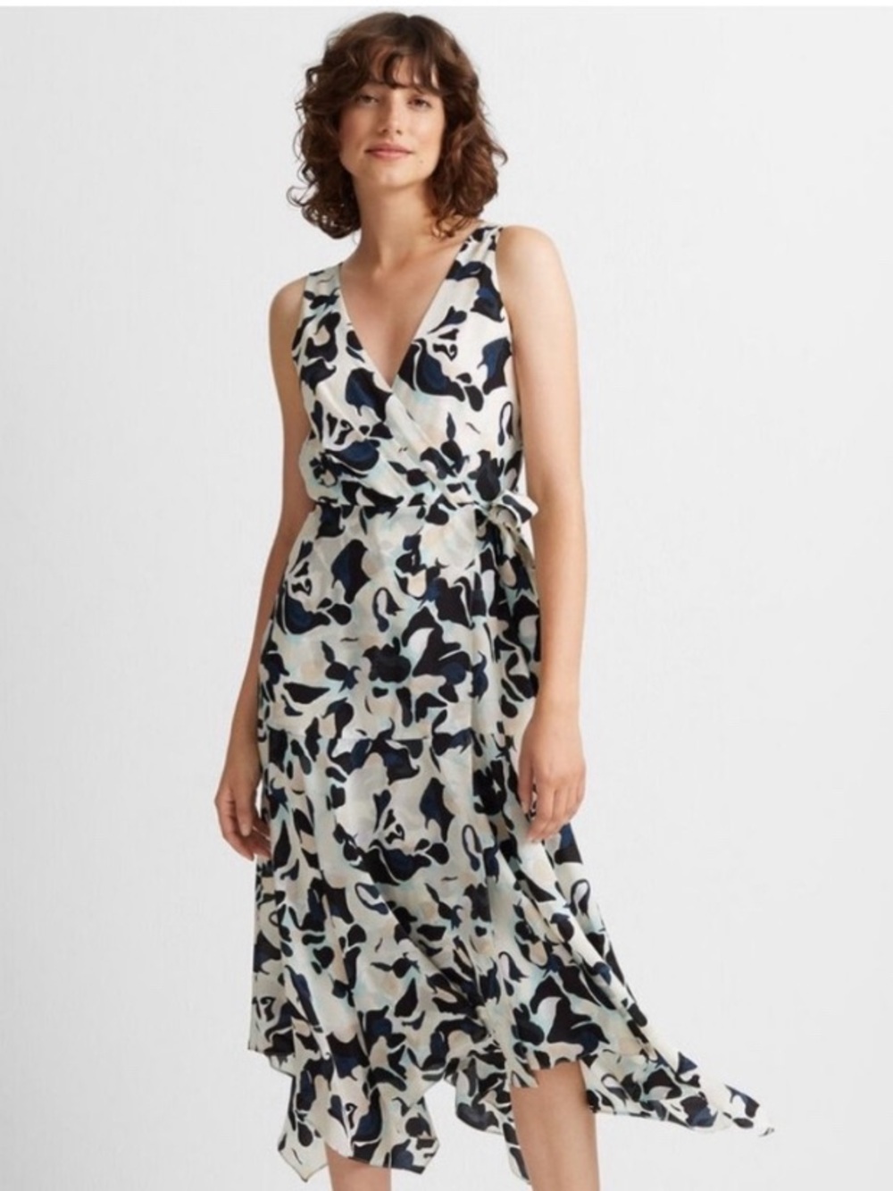Club Monaco Navy & Cream Abstract One-Shoulder Wrap Midi Dress 100% Silk